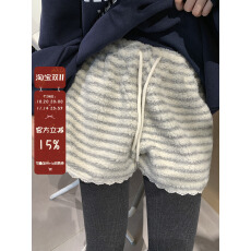 批发馨帮帮 韩系撞色<b class='q'>蕾丝</b>拼接条纹羊羔毛高腰A字百搭休闲阔腿<b class='q'>短裤</b>2025