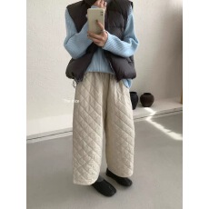 批发THE NICE冬季韩系菱格夹棉阔腿休闲<b class='q'>裤</b>高腰显瘦百搭小个子八分<b class='q'>裤</b>女