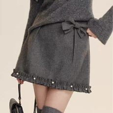 16DEW法式小香风蝴蝶结珍珠高腰木耳边a字半身裙韩系包臀毛呢短裙