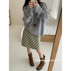 批发复古绿色格子毛呢<b class='q'>半身裙</b>女秋季韩系小众高腰显瘦a字裙<b class='q'>包臀</b>裙半裙