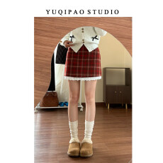 批发大码胖mm圣诞穿搭裙子红色格子半身裙女<b class='q'>冬</b>季蕾丝拼接A字包臀短裙