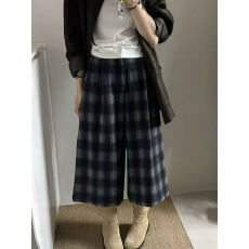 批发复古小个子格子毛呢阔腿裤女秋季高腰宽松显瘦垂感八分直筒休闲裤