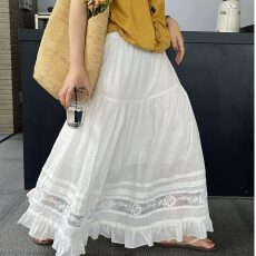 批发白色条纹花边<b class='q'>棉麻</b><b class='q'>半身裙</b>女夏季新款高腰显瘦蕾丝大摆A字长裙子ins