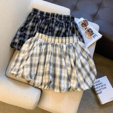 批发实拍夏新日系格纹花苞裙女高腰显瘦遮胯灯笼裤自带安全裤半身短裙