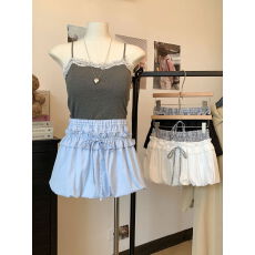 批发实拍2026甜美少女风格纹拼接木耳边<b class='q'>高腰</b>A字花苞裙小个子蓬蓬短裙