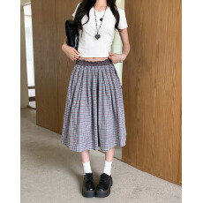 批发实拍夏季学院风韩系格纹低腰宽松半身裙慵懒风显瘦<b class='q'>百搭</b>中长款裙子