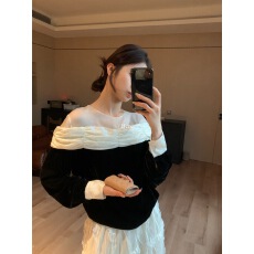 批发冬上新！【Hers】简约气质精致拼接设计捏褶丝绒小衫