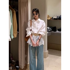 批发YNVN韩系白色蕾丝拼接亚麻<b class='q'>长袖</b>衬衫女法式上衣配腰带2026春季新款
