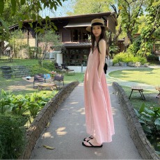 批发ker章壳儿<b class='q'>正品</b>.甜美风粉色无袖<b class='q'>连衣裙</b>宽松显瘦度假风长裙女