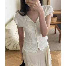 批发<b class='q'>韩国</b><b class='q'>代购</b>夏新款简约圆领螺纹系扣短袖<b class='q'>t</b><b class='q'>恤</b>女