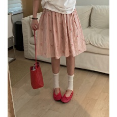 批发韩系复古休闲条纹刺绣花朵松紧腰半身裙女百搭显瘦中裙A字裙