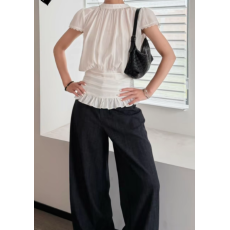 批发【两穿白衫】米白色立领系带短袖衬衫女夏季<b class='q'>收腰</b>两穿设计上衣