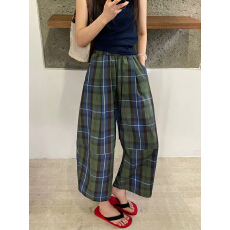 批发绿色格子<b class='q'>休闲</b>气球<b class='q'>九分裤</b>女薄款2026夏季新款小个子宽松弯刀阔腿裤