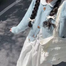批发蓝色立体花朵毛衣开衫女2026早秋新款韩系巨好看<b class='q'>宽松</b>外穿针织<b class='q'>上衣</b>