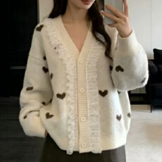 批发韩系温柔风<b class='q'>蕾丝</b>拼接针织V领开衫好看提花爱心春秋毛衣外套显瘦