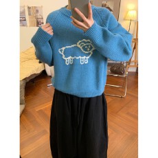复古软糯显白小羊提花毛衣女韩版秋冬新款宽松百搭显瘦针织衫套头