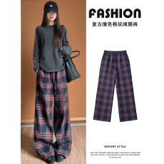 批发美式<b class='q'>复古</b>格子休闲裤女春秋新款小个子高腰显瘦宽松慵懒直筒阔腿裤
