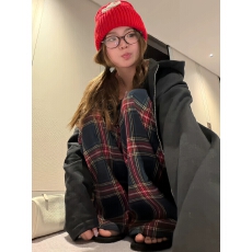批发<b class='q'>复古</b>格纹设计直筒阔腿裤女春秋慵懒遛弯裤美式格子风松驰感休闲裤