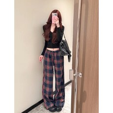 批发<b class='q'>复古</b>垂感格子阔腿裤女春秋韩版高腰显瘦直筒裤宽松小个子休闲裤潮