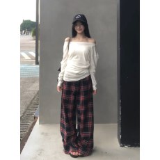 批发美式<b class='q'>复古</b>抽绳格子裤女春秋新款高腰显瘦休闲阔腿裤宽松百搭直筒裤