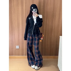 批发辣妹<b class='q'>复古</b>格子阔腿裤女春秋新款高腰显瘦直筒裤宽松小个子休闲裤潮