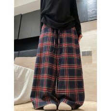 批发美式<b class='q'>复古</b>格纹阔腿裤女春秋新款高腰显瘦直筒裤宽松百搭休闲拖地裤