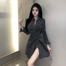 批发实拍实价黑色御姐衬衣连衣裙长袖性感包臀裙秋收腰翻领衬衫小黑裙