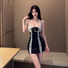 批发实拍实价夏季甜辣妹性感蕾丝挂脖吊带连衣裙女收腰修身包臀短裙