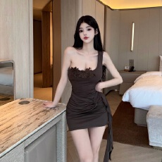 实拍实价露肩吊带连衣裙女夏季绑带修身收腰裙子辣妹紧身包臀短裙