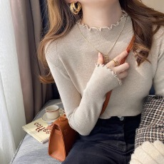 批发木耳边打底衫女内搭2025新款秋冬半高领白色毛衣高级感<b class='q'>针织</b>衫上衣