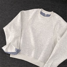 批发秋季百搭复古重磅500g袖口拼接格子布短款圆领卫衣<b class='q'>男</b>女长袖上衣服