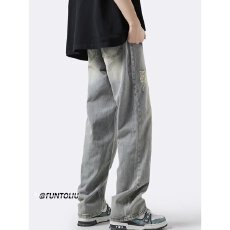 批发<b class='q'>黑色</b>做旧<b class='q'>牛仔裤</b>男款夏季潮牌宽松百搭直筒裤vibe高街破洞阔腿裤子