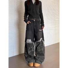 批发巴黎风格高街做旧破坏拼接潮牌迷彩<b class='q'>牛仔裤</b>baggy宽松直筒阔腿长裤