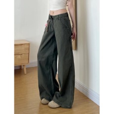 批发美式复古灰绿低腰牛仔裤女夏季新款设计感宽松直筒微喇<b class='q'>休闲</b>工装裤