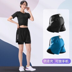 批发<b class='q'>大码</b>运动白茶玫瑰跑步短裤男女防走光速干假两件内衬夏季瑜伽