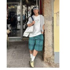 批发日系复古蓝格子短裤男女夏季薄款宽松直筒潮牌百搭<b class='q'>休闲</b>五分中裤子