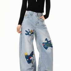 批发美式复古重工花卉刺绣牛仔裤男女同款春秋新款宽松<b class='q'>休闲</b>阔腿长裤潮