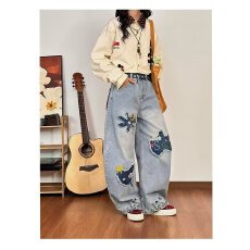 批发美式复古重工花卉刺绣牛仔裤男<b class='q'>女</b>同款春秋新款宽松休闲阔腿<b class='q'>长裤</b>潮