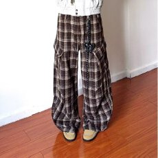 批发美式复古宽松阔腿格子裤带<b class='q'>饰品</b>垂感直筒弯刀裤春夏休闲裤子