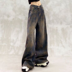 个性印花设计做旧牛仔裤女春季新款高腰宽松显瘦百搭直筒阔腿裤子