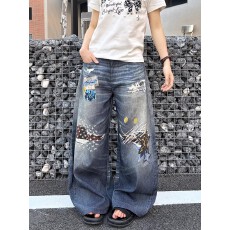批发3D数码印花美式街头破洞蓝色弯刀牛仔<b class='q'>裤</b>女宽松打印补丁阔腿<b class='q'>裤</b>