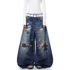 批发3D数码印花美式做旧打印破洞补丁弯刀牛仔<b class='q'>裤</b>男女设计感阔腿<b class='q'>裤</b><b class='q'>潮</b>