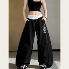 批发原版纯棉街头风美式拼色腰头玫瑰印花休闲阔腿长<b class='q'>裤</b>潮牌女春夏