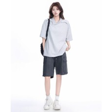 批发新款休闲美式复古设计感不规则领口短袖T恤男女款百搭polo打底衫