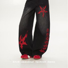 批发原创街头美式刺绣水洗弯刀牛仔裤男女宽松阔腿小众设计长裤