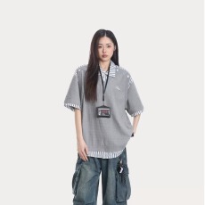 批发2025夏季新款假两件条纹短袖T恤女<b class='q'>潮牌</b>美式学院风百搭休闲上衣潮