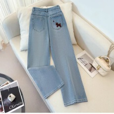 批发<b class='q'>浅色</b>腊肠狗刺绣直筒<b class='q'>牛仔裤</b>女2026春秋新款高腰宽松显瘦垂感阔腿裤