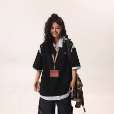 2025夏季新款假两件条纹短袖T恤女潮牌美式学院风百搭休闲上衣潮