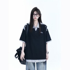 批发假两件条纹亨利领短袖T恤女设计感小众宽松<b class='q'>潮牌</b>半袖