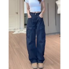 批发大码美式高街多口袋弯刀工装牛仔裤<b class='q'>男</b>女设计感宽松直筒休闲长裤潮